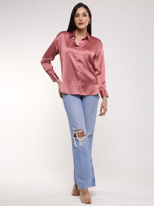 Women'S Rose Pink Drop Shoulder Oversized Satin Shirt