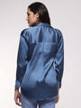 Women'S Premium Marble Blue Drop Shoulder Oversized Satin Shirt
