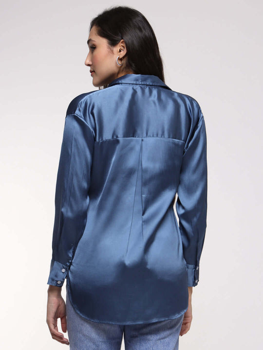 Women'S Premium Marble Blue Drop Shoulder Oversized Satin Shirt