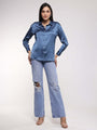 Women'S Premium Marble Blue Drop Shoulder Oversized Satin Shirt