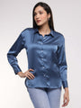 Women'S Premium Marble Blue Drop Shoulder Oversized Satin Shirt