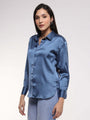 Women'S Premium Marble Blue Drop Shoulder Oversized Satin Shirt