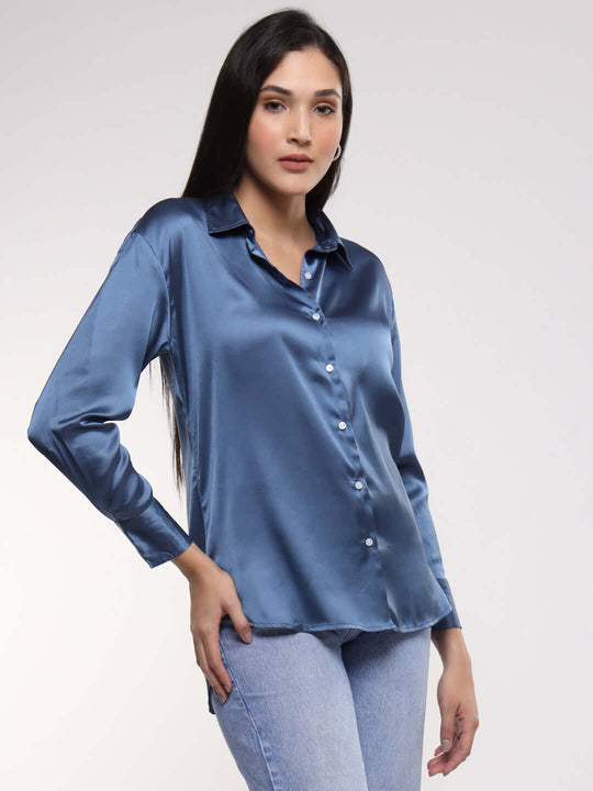 Women'S Premium Marble Blue Drop Shoulder Oversized Satin Shirt