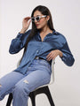 Women'S Premium Marble Blue Drop Shoulder Oversized Satin Shirt