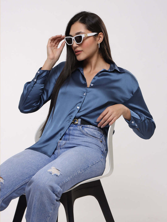 Women'S Premium Marble Blue Drop Shoulder Oversized Satin Shirt