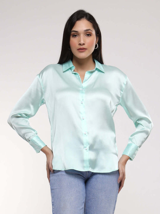 Women'S Premium Ice Green Drop Shoulder Oversized Satin Shirt