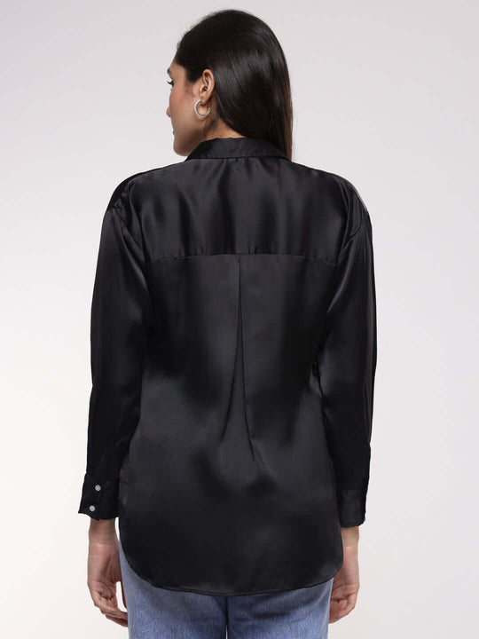 Women'S Premium Black Drop Shoulder Oversized Satin Shirt