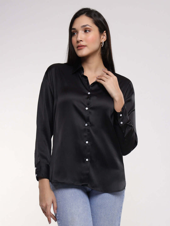 Women'S Premium Black Drop Shoulder Oversized Satin Shirt