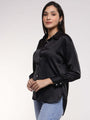 Women'S Premium Black Drop Shoulder Oversized Satin Shirt