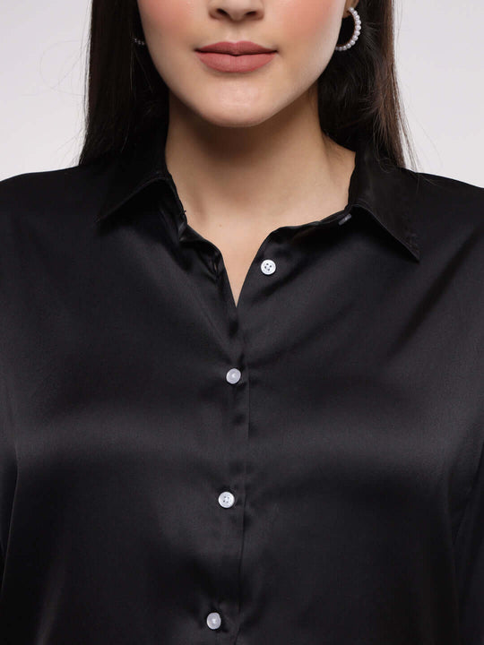 Women'S Premium Black Drop Shoulder Oversized Satin Shirt