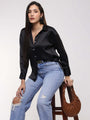 Women'S Premium Black Drop Shoulder Oversized Satin Shirt