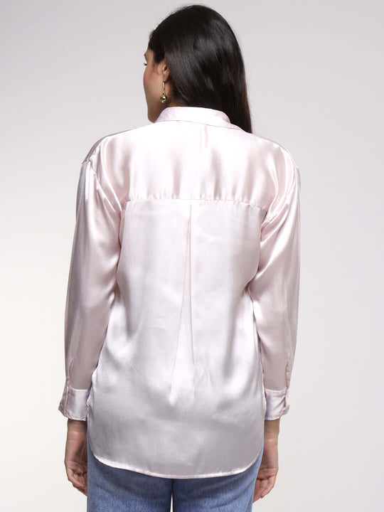 Women'S Premium Baby Pink Drop Shoulder Oversized Satin Shirt