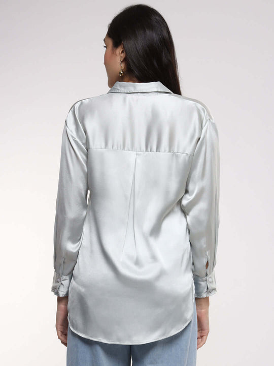 Women'S Premium Grey Drop Shoulder Oversized Satin Shirt