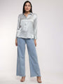 Women'S Premium Grey Drop Shoulder Oversized Satin Shirt