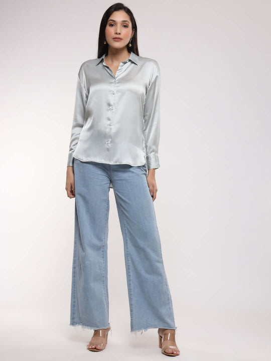 Women'S Premium Grey Drop Shoulder Oversized Satin Shirt