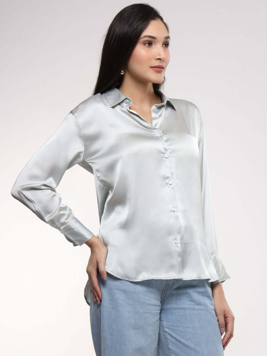 Women'S Premium Grey Drop Shoulder Oversized Satin Shirt