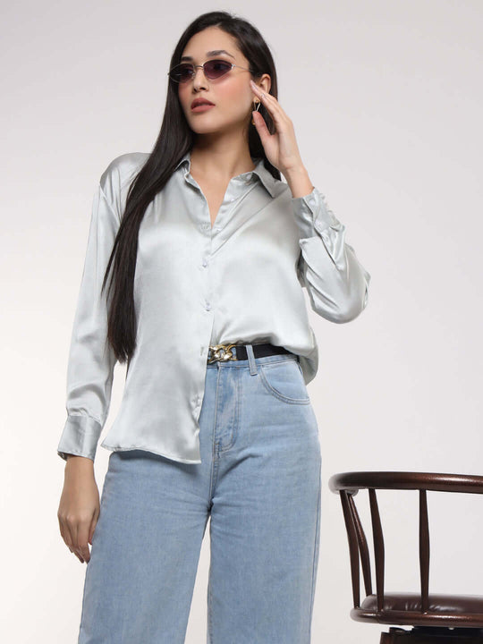 Women'S Premium Grey Drop Shoulder Oversized Satin Shirt