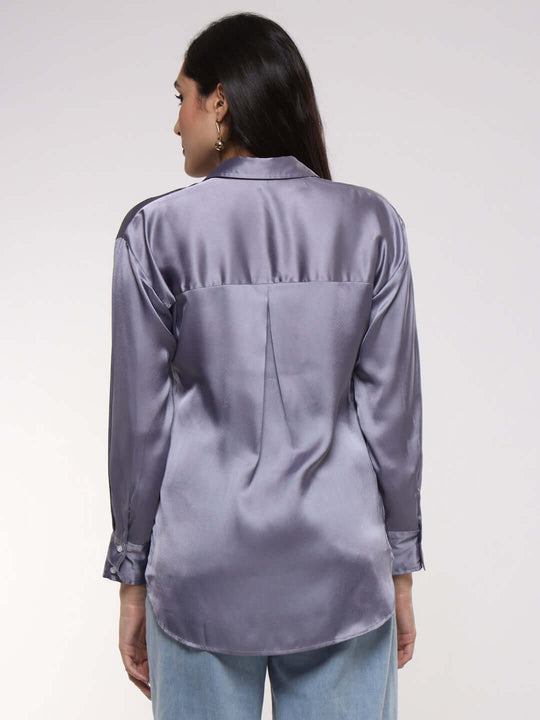 Women'S Premium Bluish Grey Drop Shoulder Oversized Satin Shirt