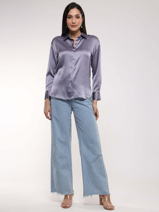 Women'S Premium Bluish Grey Drop Shoulder Oversized Satin Shirt