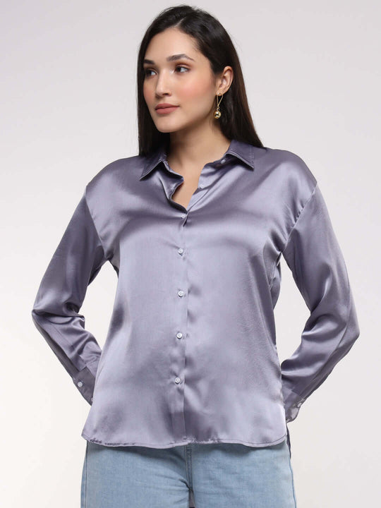 Women'S Premium Bluish Grey Drop Shoulder Oversized Satin Shirt