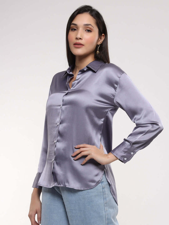 Women'S Premium Bluish Grey Drop Shoulder Oversized Satin Shirt