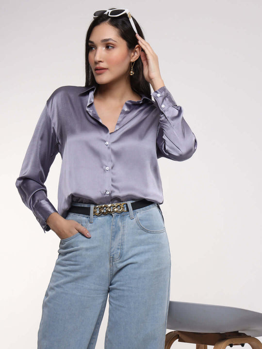 Women'S Premium Bluish Grey Drop Shoulder Oversized Satin Shirt