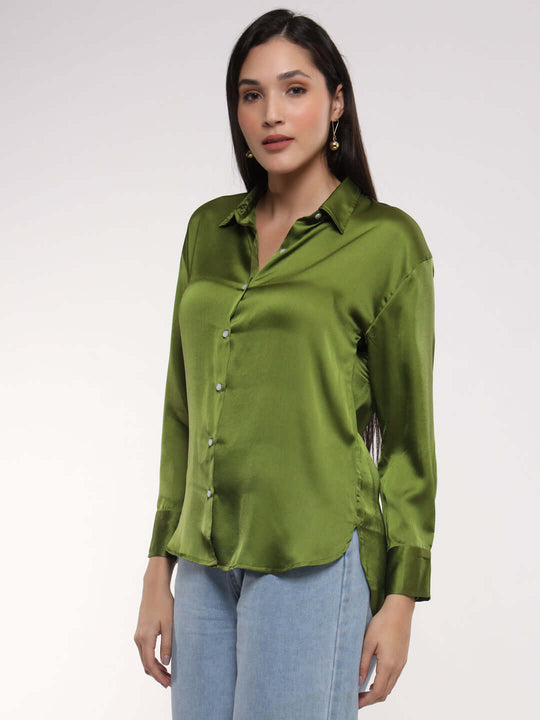 Women'S Premium Olive Drop Shoulder Oversized Satin Shirt