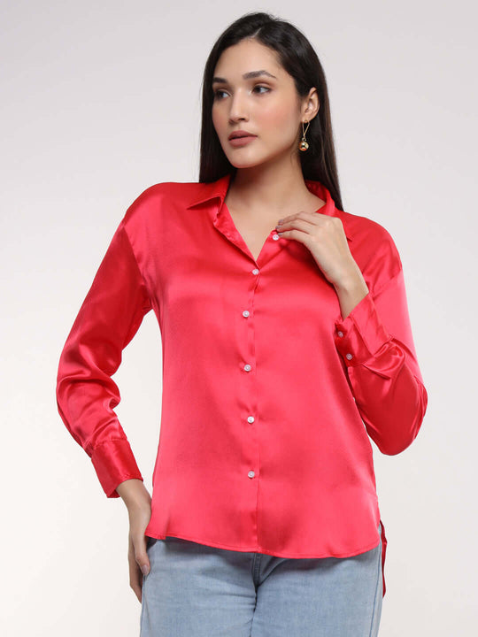 Women'S Premium Ruby Pink Drop Shoulder Oversized Satin Shirt