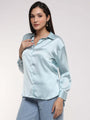 Women'S Premium Light Cyan Drop Shoulder Oversized Satin Shirt
