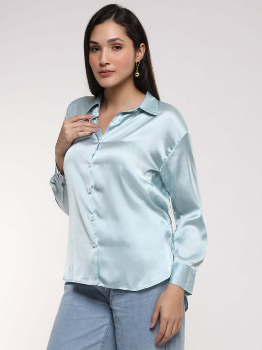 Women'S Premium Light Cyan Drop Shoulder Oversized Satin Shirt