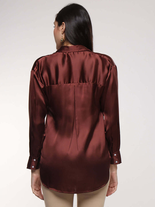 Women'S Premium Chocolate Brown Drop Shoulder Oversized Satin Shirt
