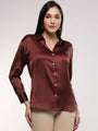 Women'S Premium Chocolate Brown Drop Shoulder Oversized Satin Shirt