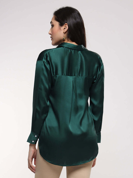 Women'S Premium Emerald Green Drop Shoulder Oversized Satin Shirt