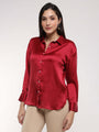 Women'S Premium Maroon Drop Shoulder Oversized Satin Shirt