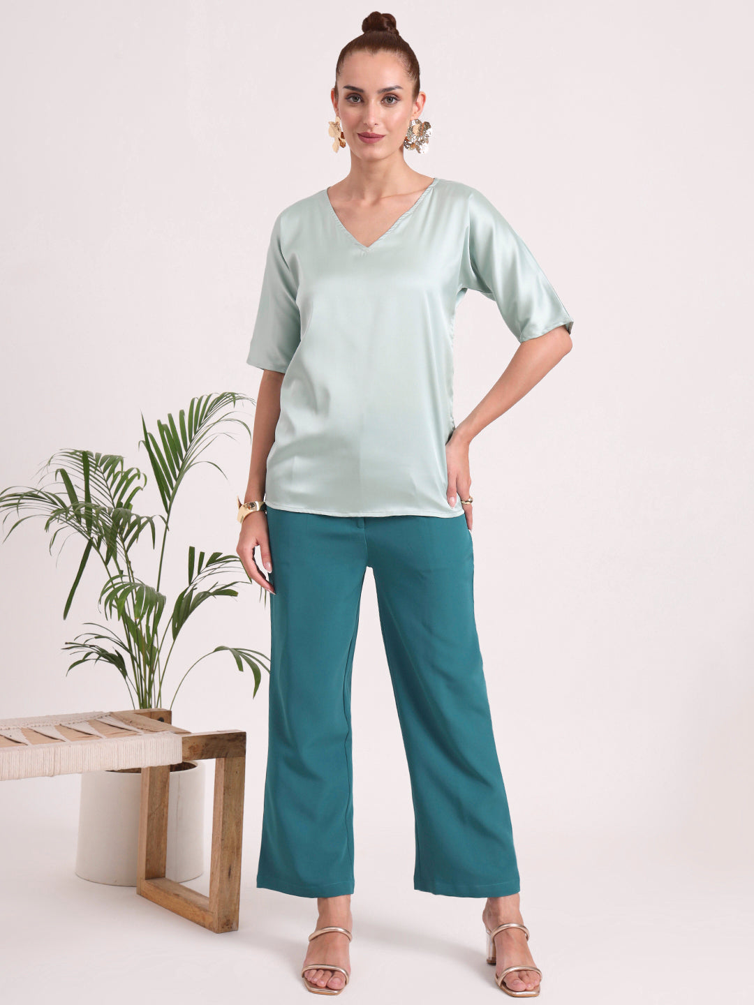 Women's  European Satin-Finish, V-Neck Top