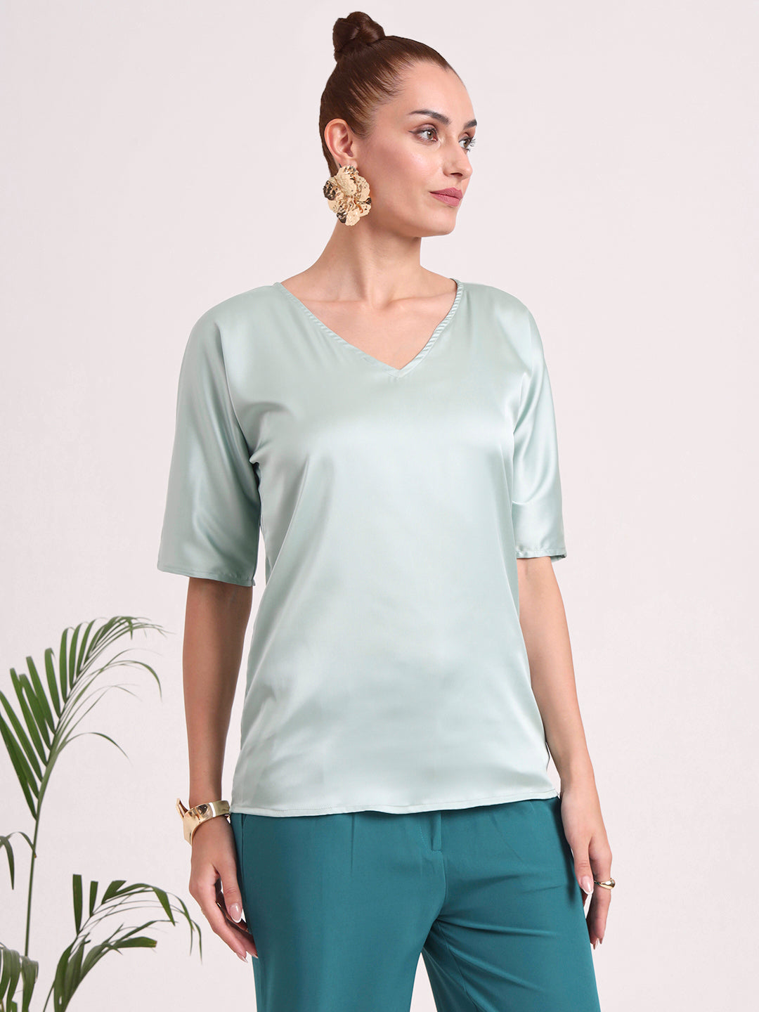 Women's  European Satin-Finish, V-Neck Top