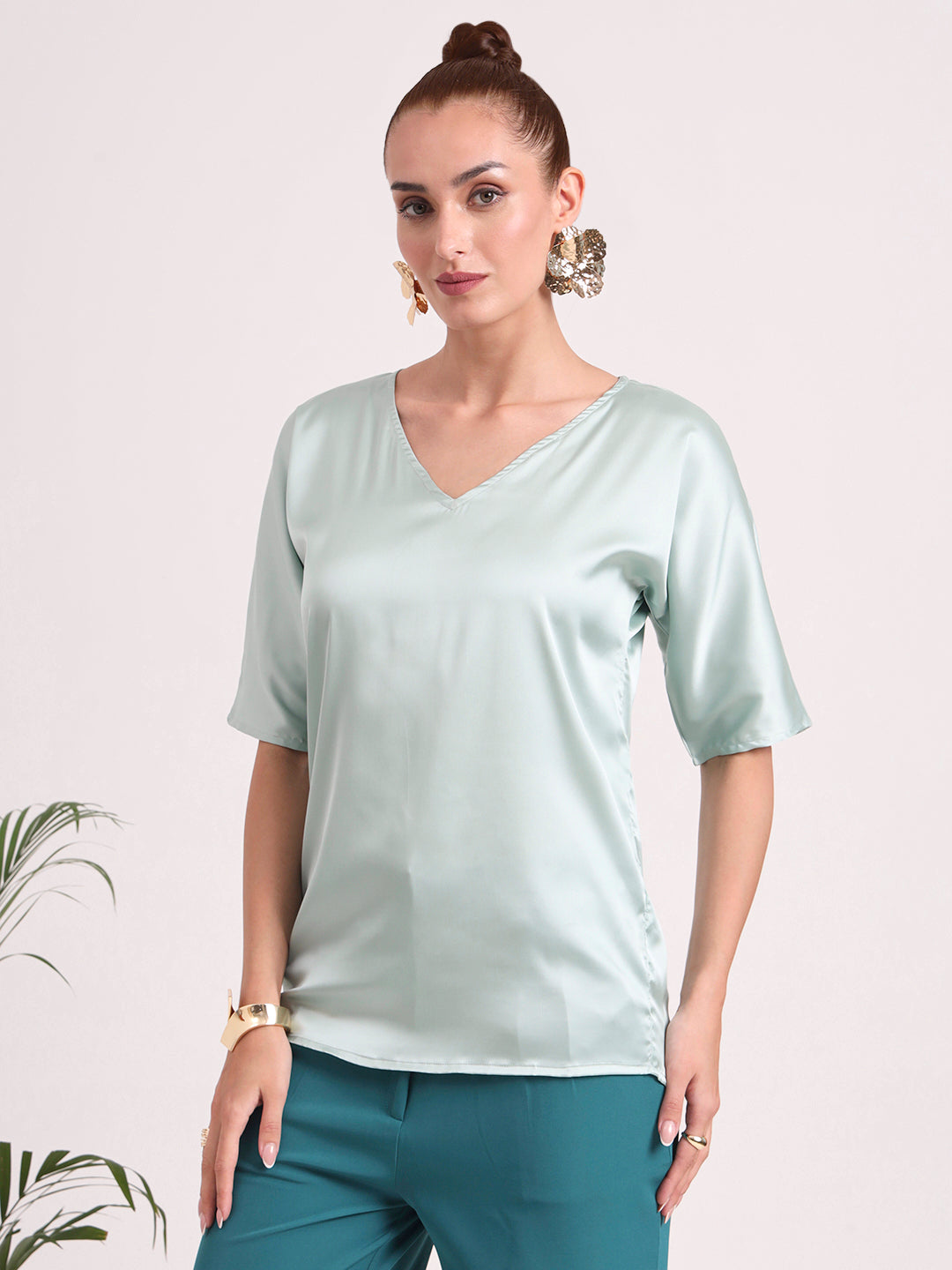 Women's  European Satin-Finish, V-Neck Top