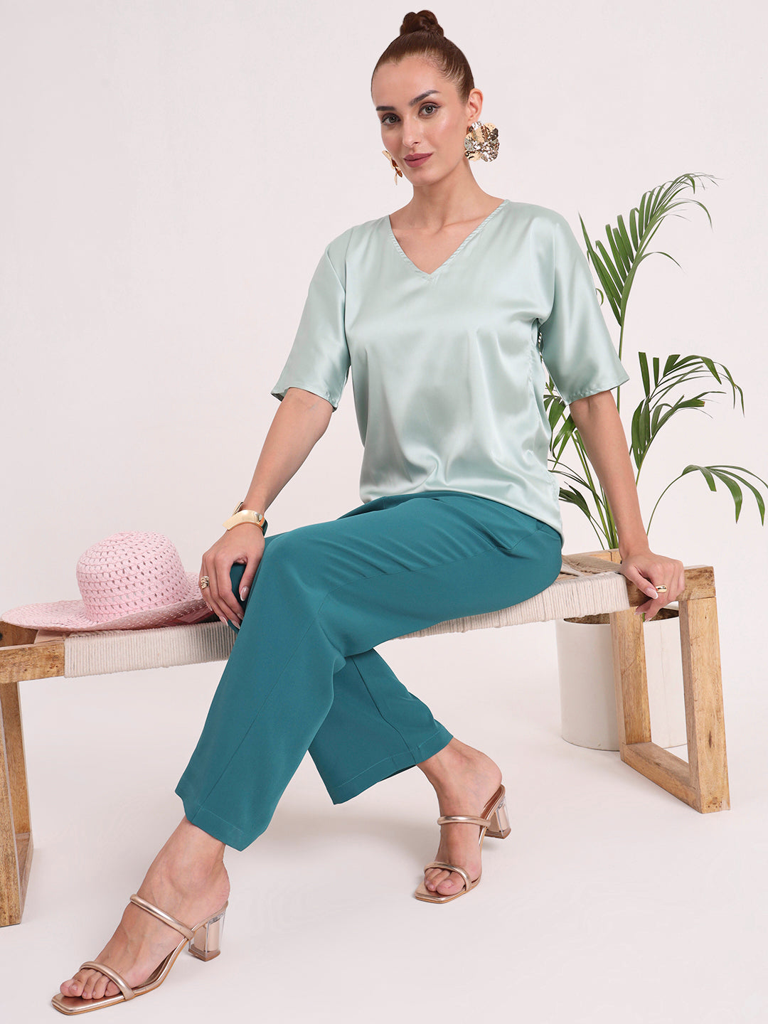 Women's  European Satin-Finish, V-Neck Top