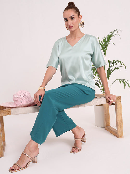 Women's  European Satin-Finish, V-Neck Top