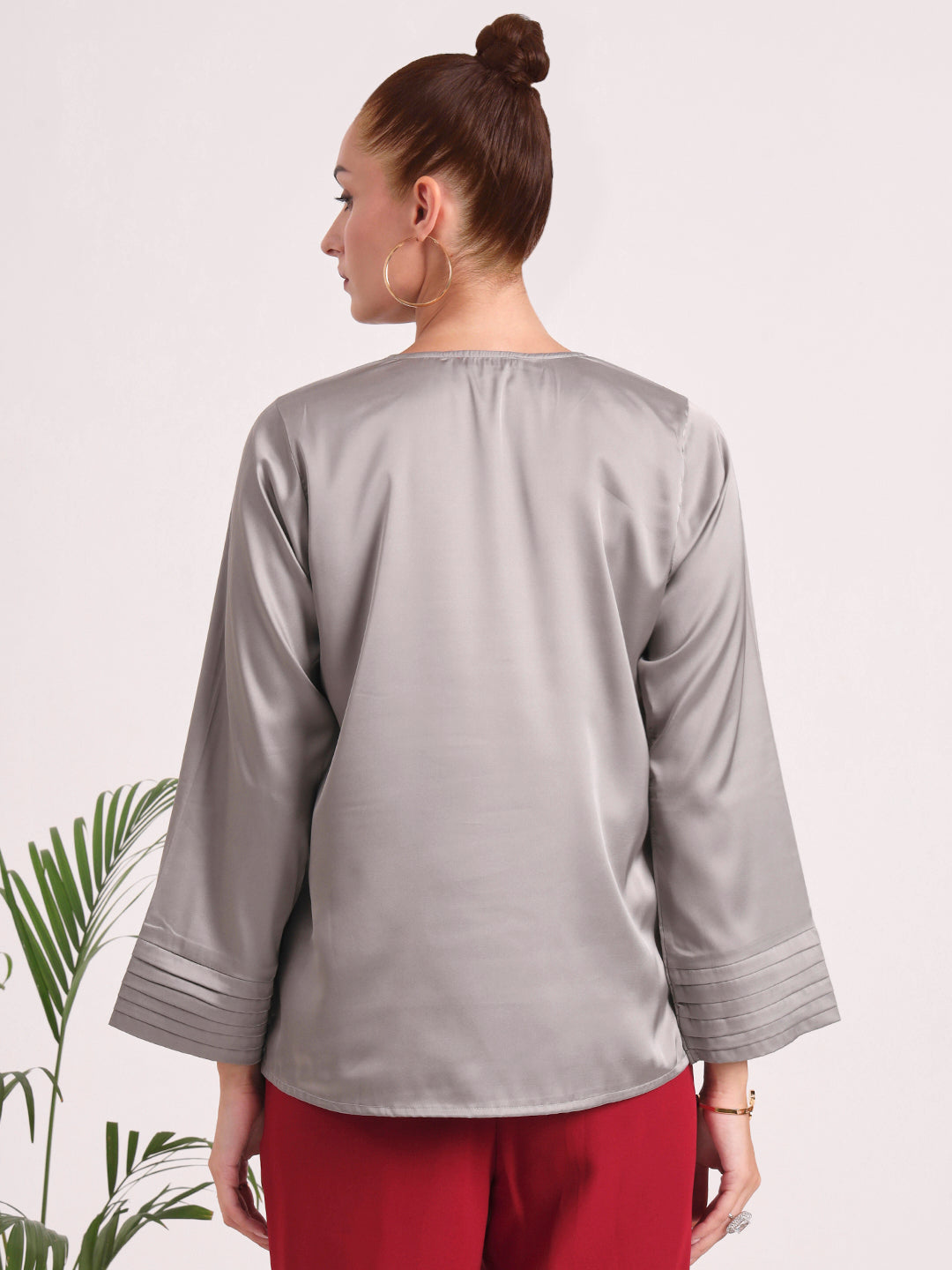 Women's European Satin V Neck Long Sleeve Top