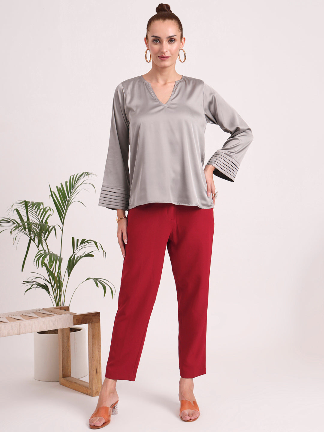 Women's European Satin V Neck Long Sleeve Top