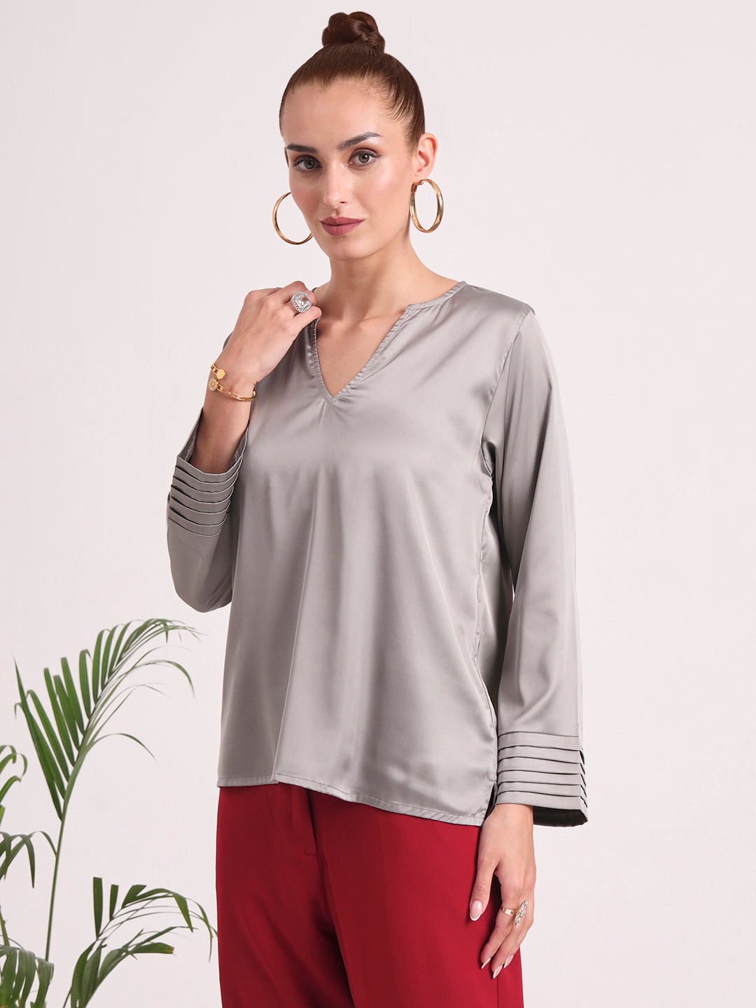 Women's European Satin V Neck Long Sleeve Top