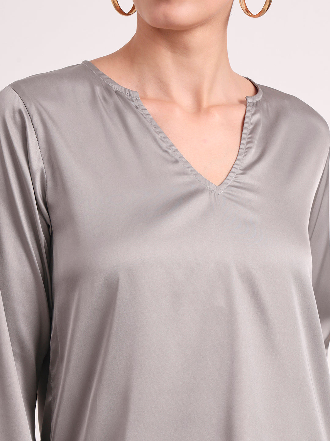 Women's European Satin V Neck Long Sleeve Top