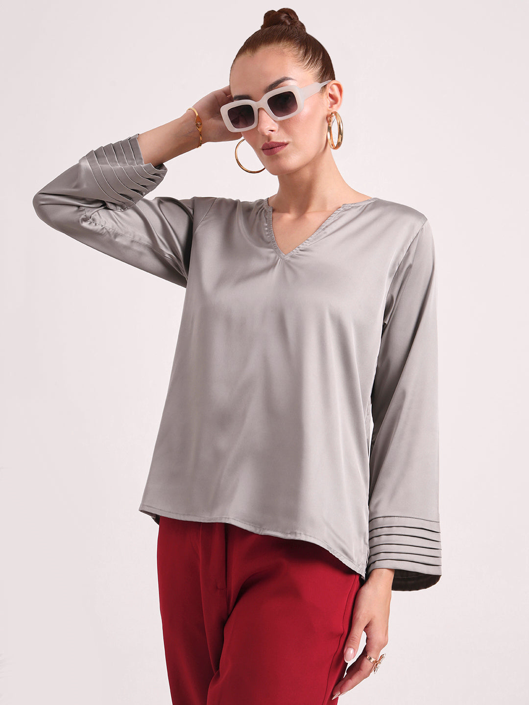 Women's European Satin V Neck Long Sleeve Top