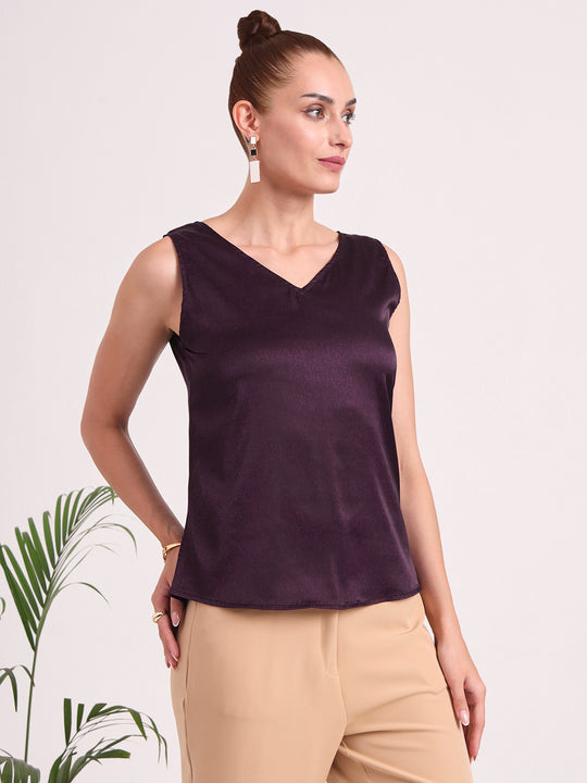 Women's European Satin V Neck Sleeveless Top
