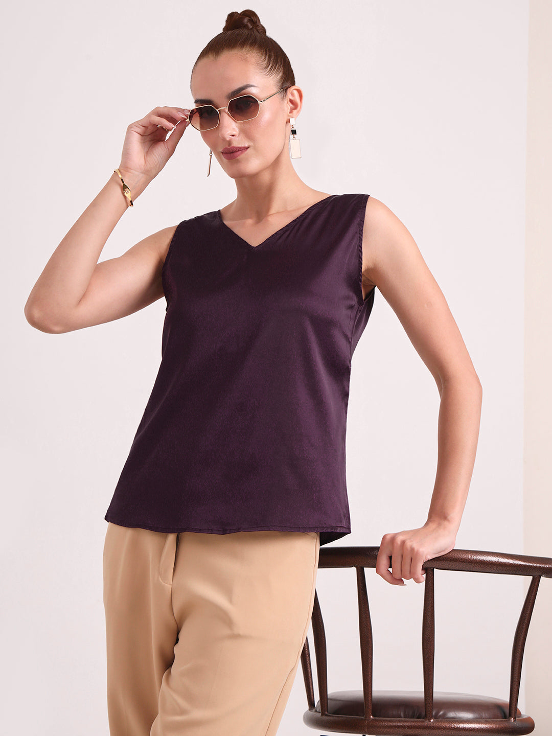 Women's European Satin V Neck Sleeveless Top
