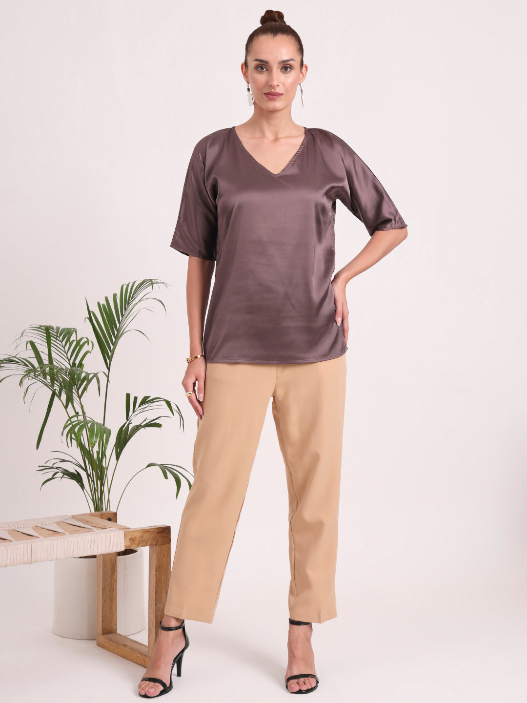 Women's  European Satin-Finish, V-Neck Top