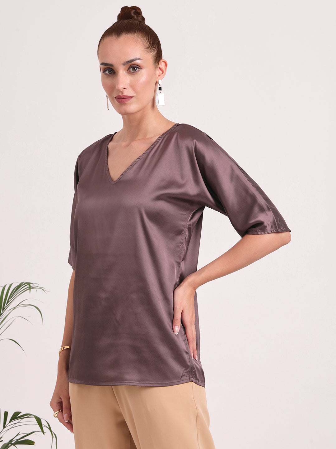 Women's  European Satin-Finish, V-Neck Top