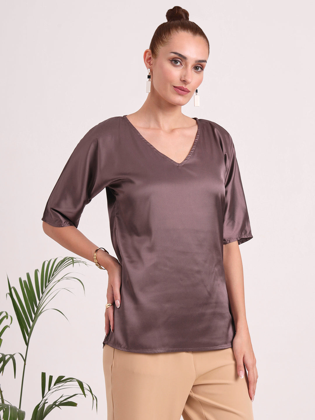 Women's  European Satin-Finish, V-Neck Top