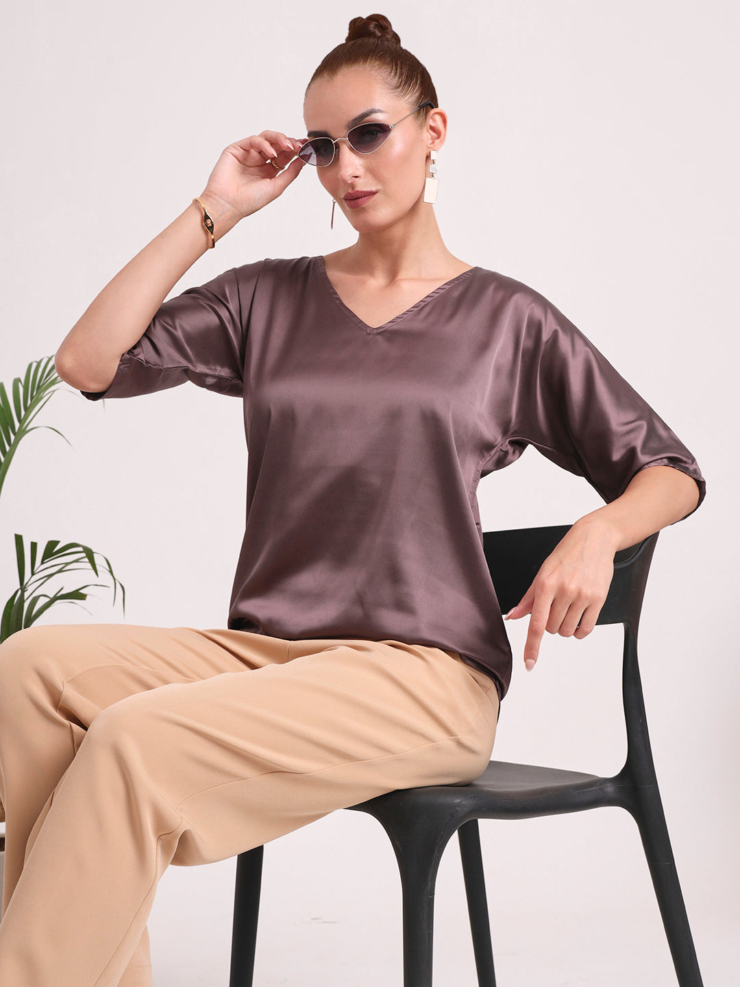Women's  European Satin-Finish, V-Neck Top